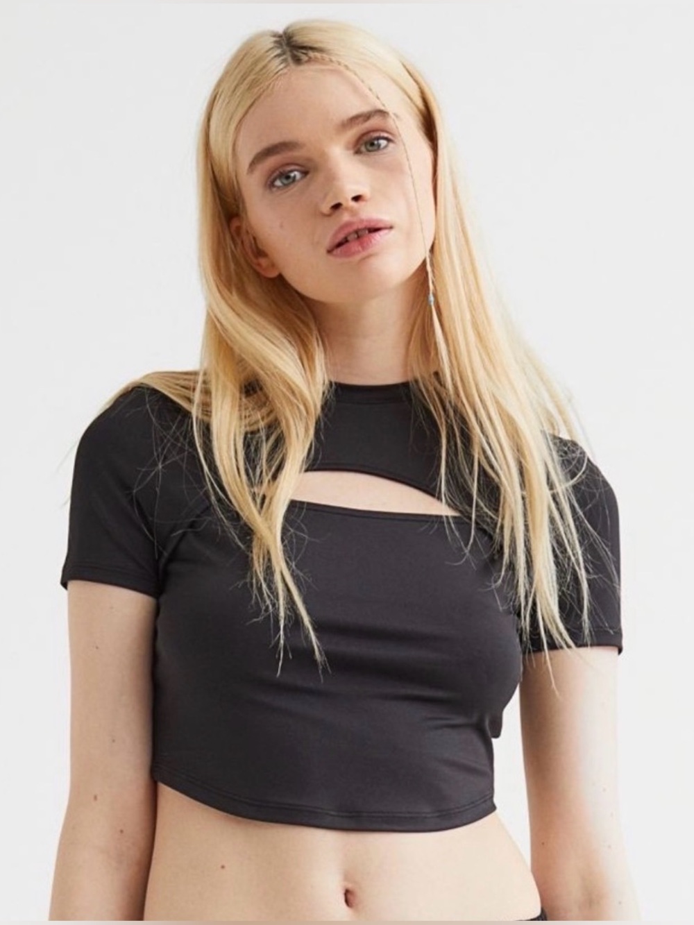 Divided Black Short-Sleeve Cutout Crop Top